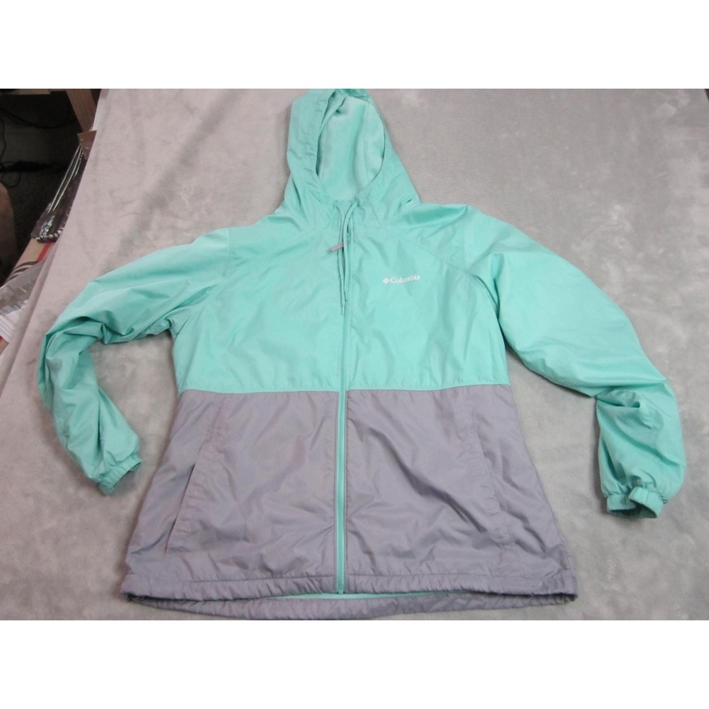 Columbia Jacket Womens Large Green‎ Gray Hooded Fleece Lined Windbreaker Outdoor
